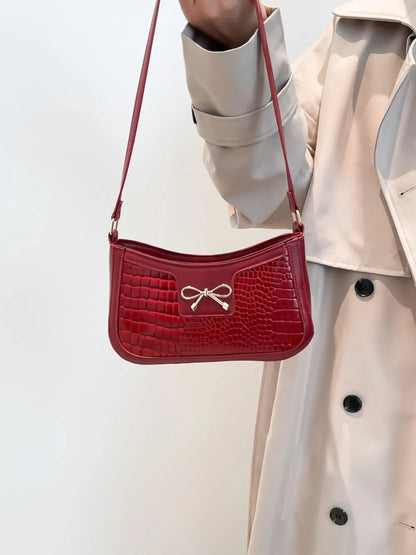 Elegant Crocodile Pattern PU Leather Shoulder Bag with Bow Detail