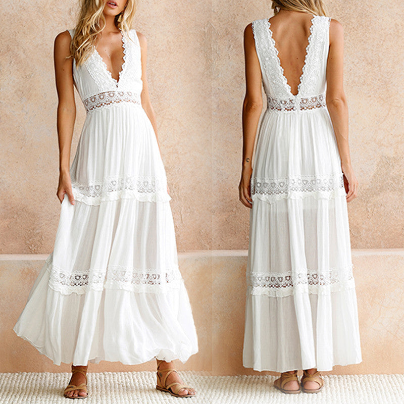 Elegant Lace V-Neck Maxi Dress - Boho Chic Backless Summer Party Gown