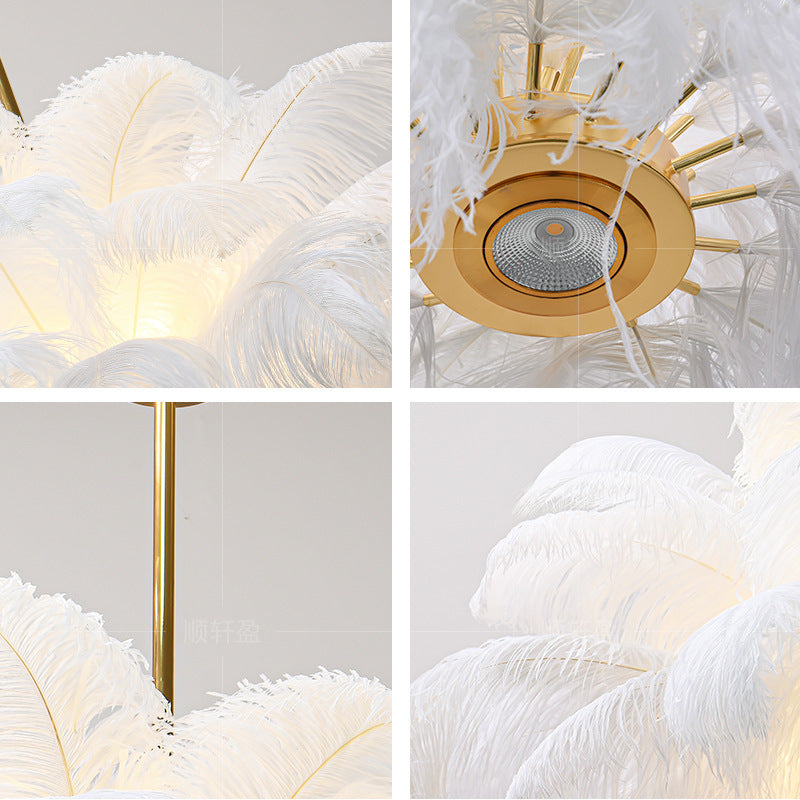 Elegant White Ostrich Feather Chandelier - Luxury Pendant Light for Living Room & Romantic Bedroom Decor
