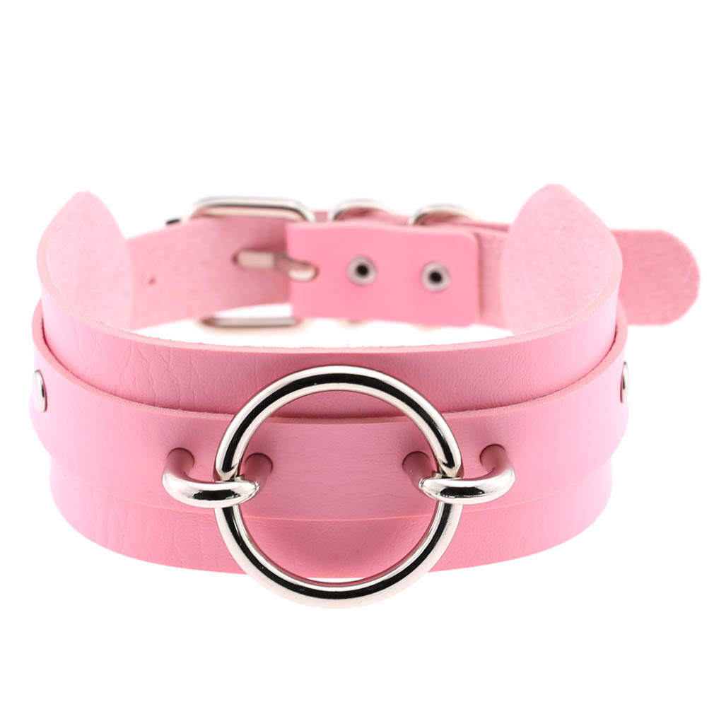 Punk PU Leather Choker Necklace with Oversized O-Ring Pendant | Multi-Color Collar Chain
