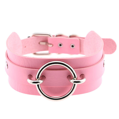 Punk PU Leather Choker Necklace with Oversized O-Ring Pendant | Multi-Color Collar Chain