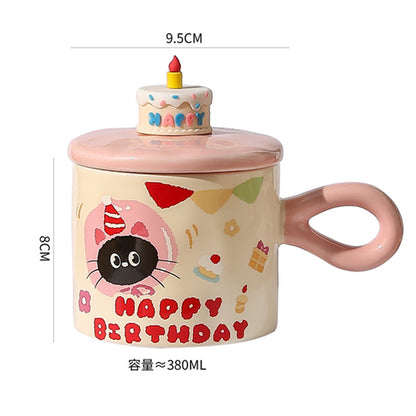 Adorable Cartoon Cat Birthday Ceramic Mug with Lid and Gift Box
