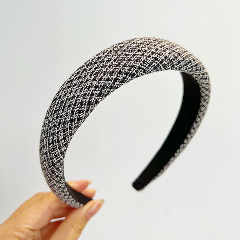 French Vintage Houndstooth Wide Headband - Elegant Thick Sponge Hair Hoop for Women