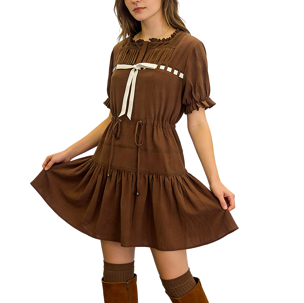 Elegant French Style Velvet Lace Mini Dress with Bow Waist