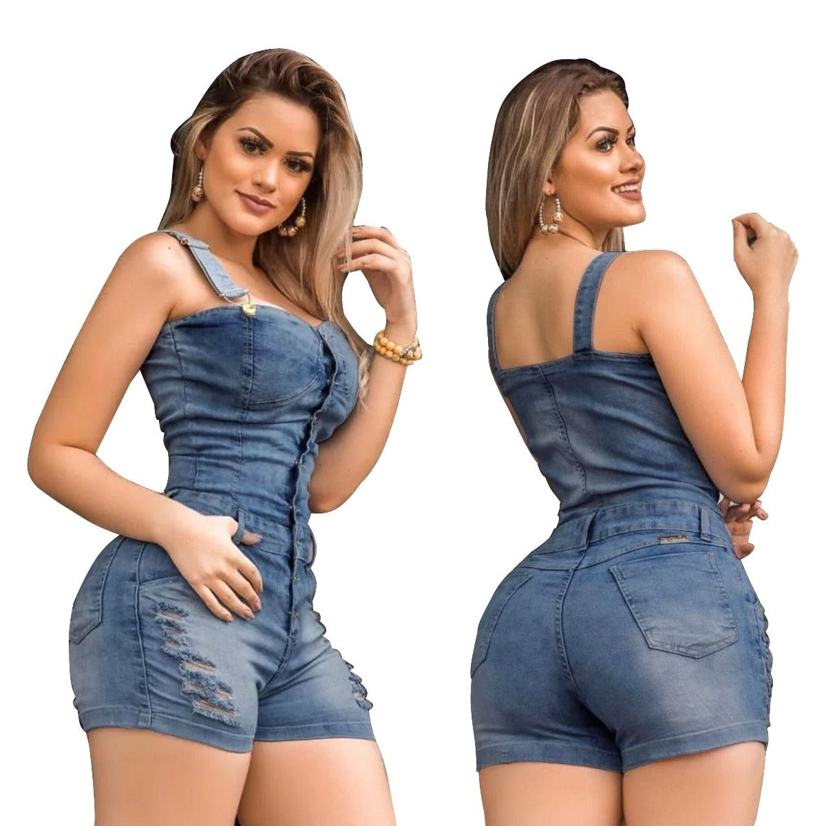 Edgy Slim Fit Denim Jumpsuit – Distressed Sleeveless Jean Romper for Women