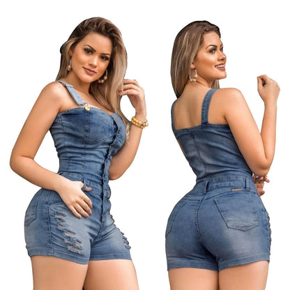 Edgy Slim Fit Denim Jumpsuit – Distressed Sleeveless Jean Romper for Women