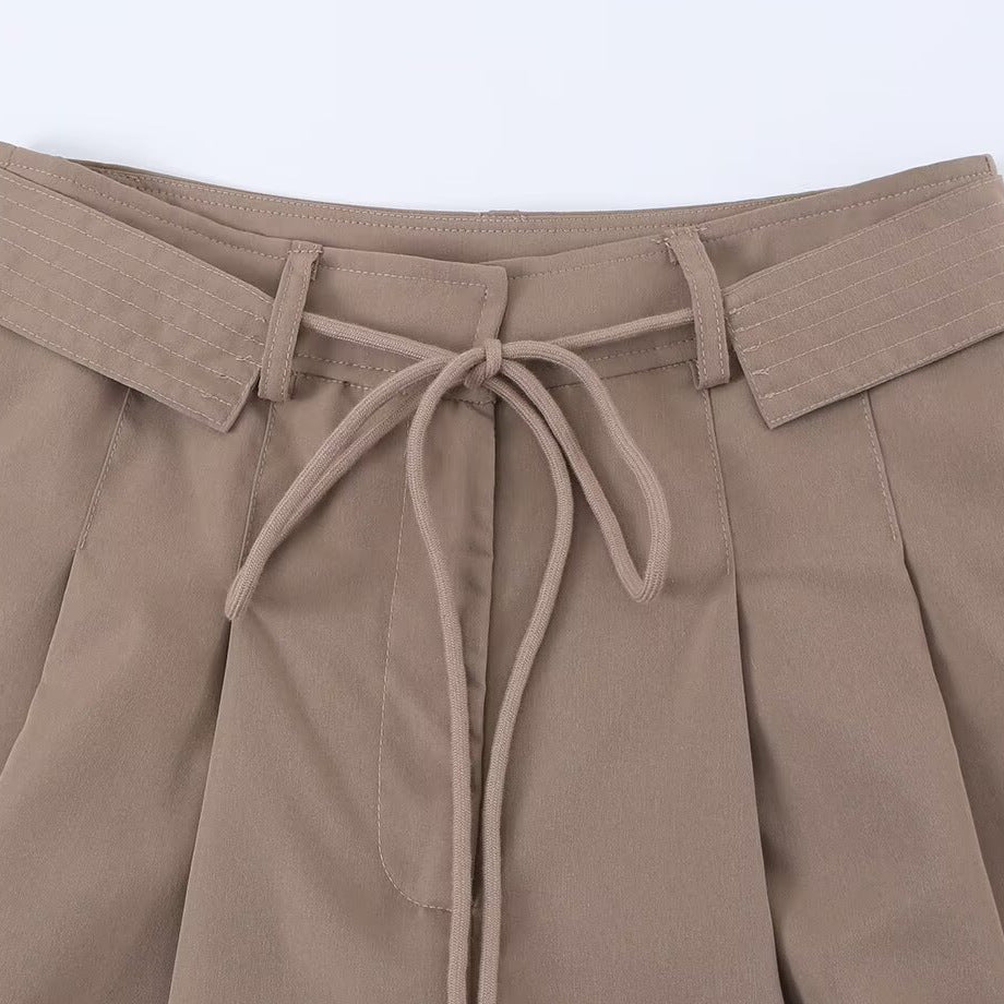 French Style Pleated High-Waisted Shorts with Drawstring Waist Belt