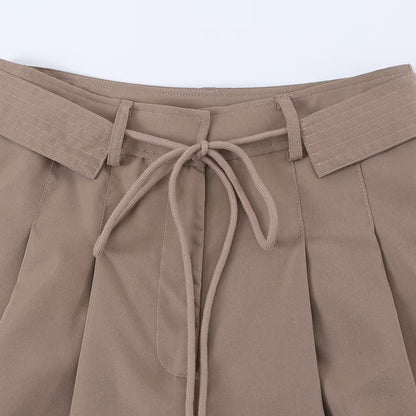 French Style Pleated High-Waisted Shorts with Drawstring Waist Belt