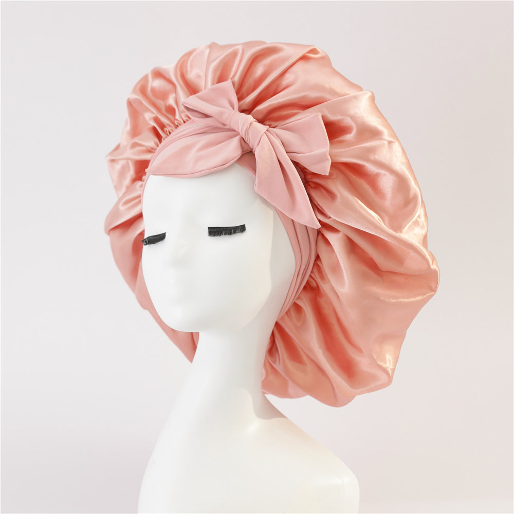 Wide-Brimmed Satin Bonnets with Elastic Ribbon Bow | Solid Color Hairdressing Sleep Cap