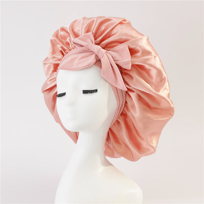 Wide-Brimmed Satin Bonnets with Elastic Ribbon Bow | Solid Color Hairdressing Sleep Cap
