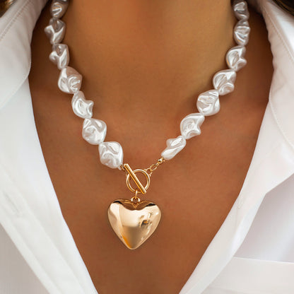 Baroque Pearl Necklace & Bracelet Set with Large Gold Heart Pendant