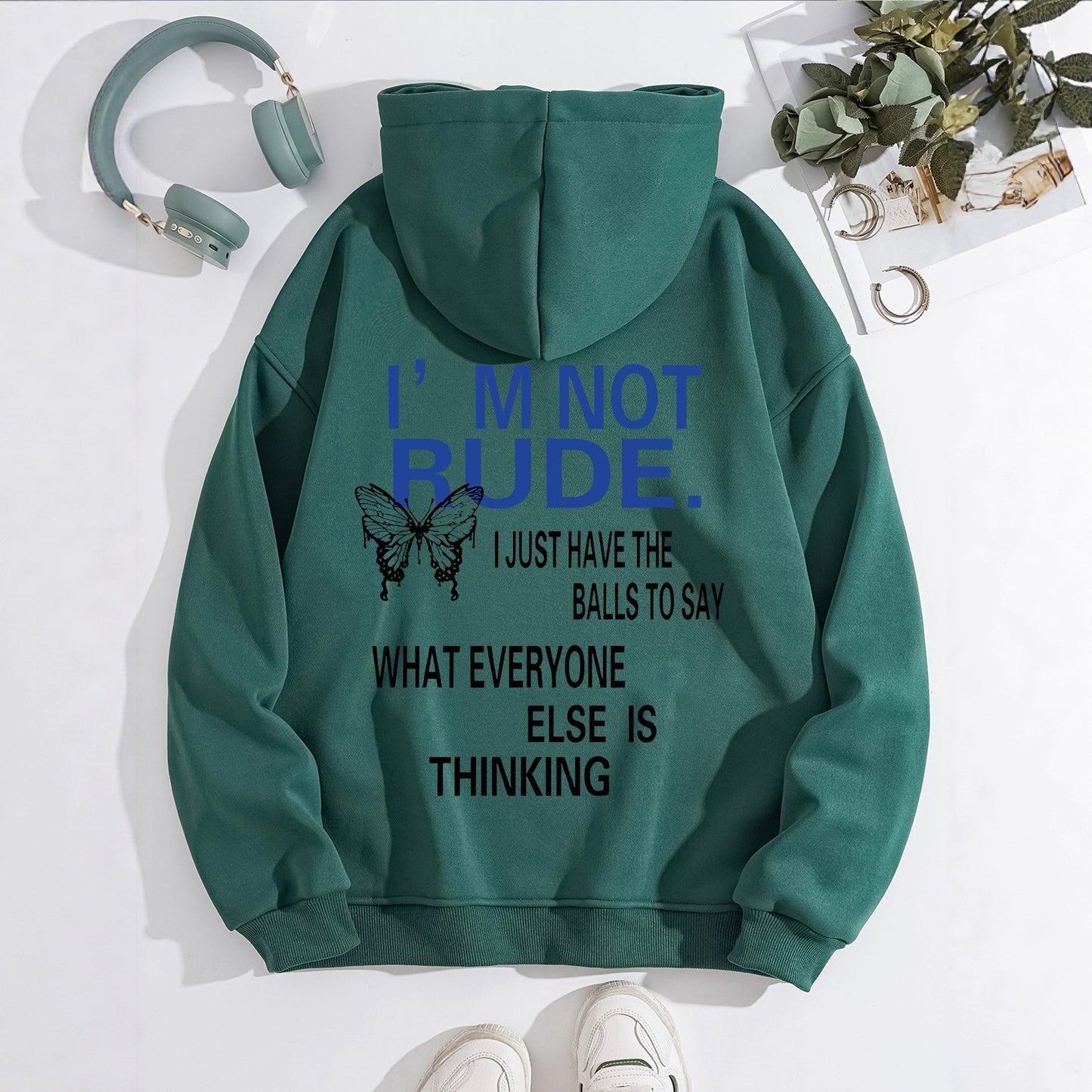 Funny Quote Print Fleece Hoodie | Beige Kangaroo Pocket Pullover for Men & Women