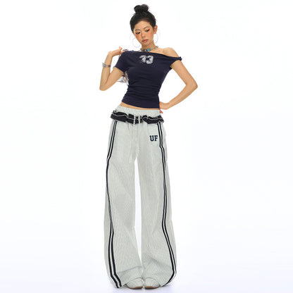 Women's Retro Striped Wide-Leg Track Pants - Loose Sporty Chic