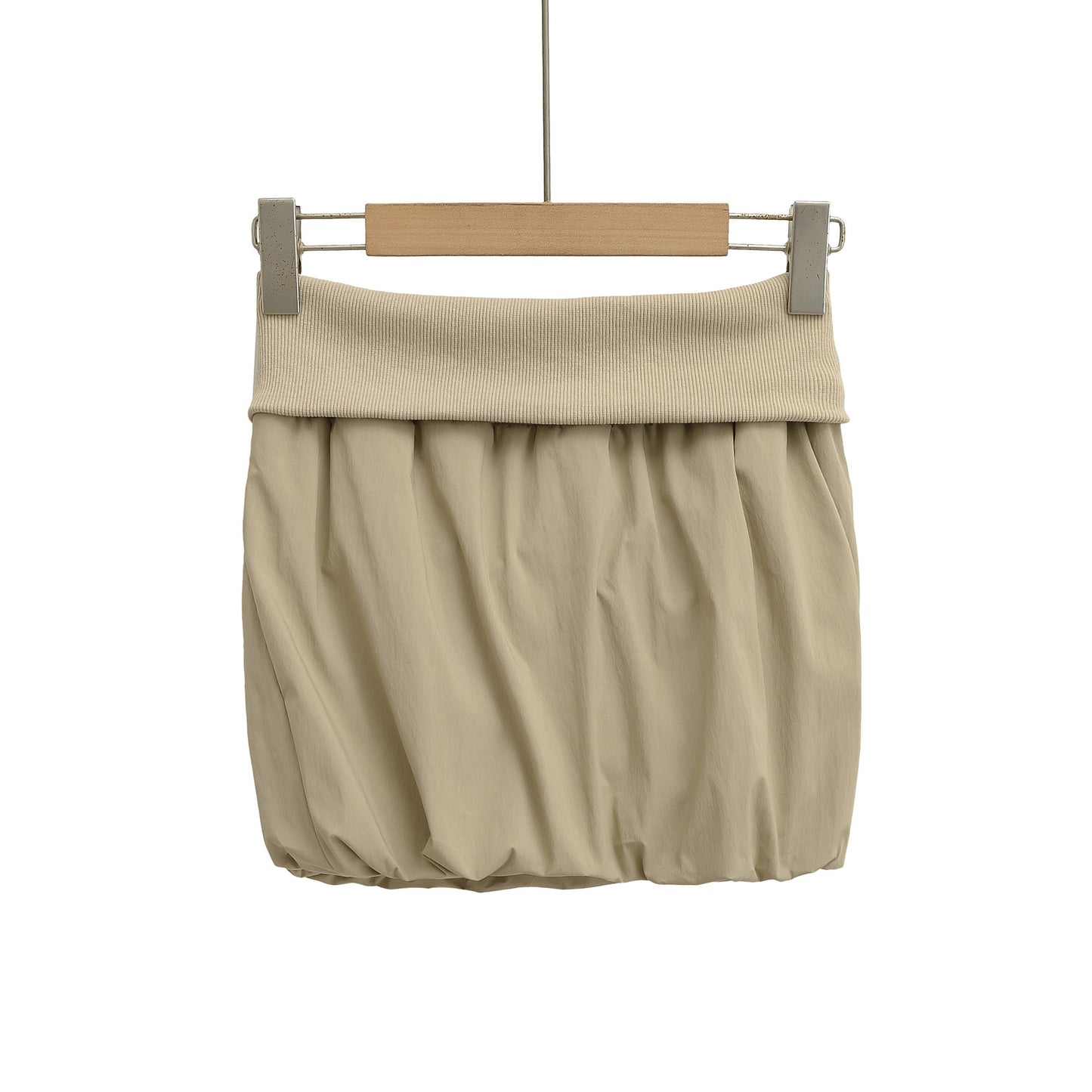 Trendy High-Waisted Khaki Bubble Skirt - Chic Wide Folded Mini Skirt