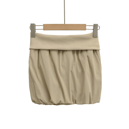 Trendy High-Waisted Khaki Bubble Skirt - Chic Wide Folded Mini Skirt