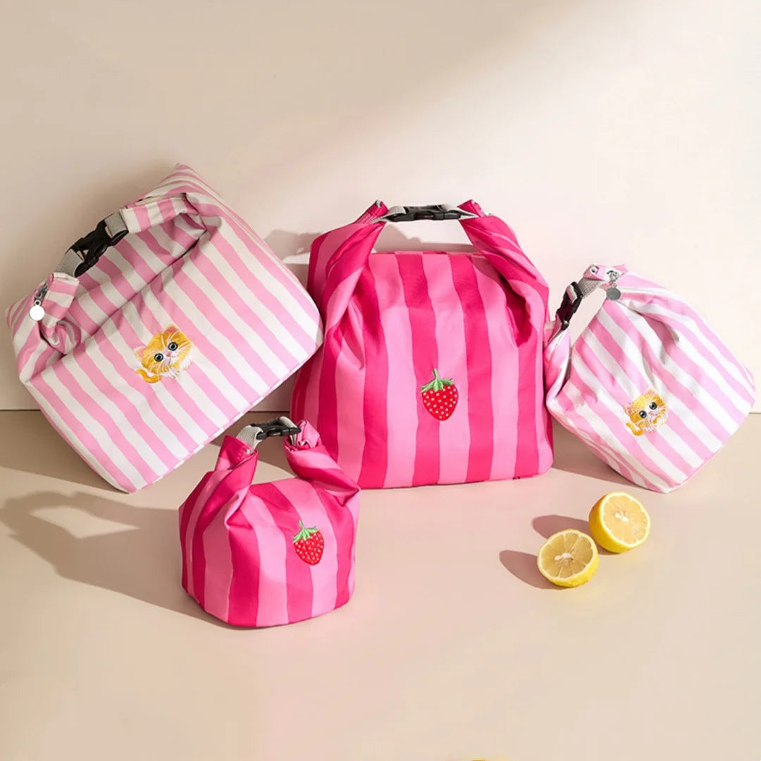 Cute Pink Striped Insulated Lunch Bag - Folding Roll-Top Large Capacity Bento Cooler Bag