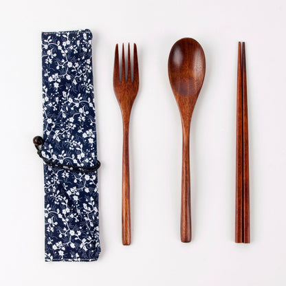 Japanese Style 3-Piece Portable Wooden Cutlery Set with Pouch