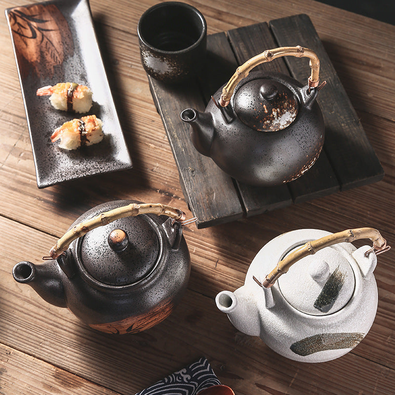 Artisan-Crafted Ceramic Teapots - Multicolored with Traditional Bamboo Rattan Handles