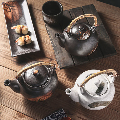 Artisan-Crafted Ceramic Teapots - Multicolored with Traditional Bamboo Rattan Handles