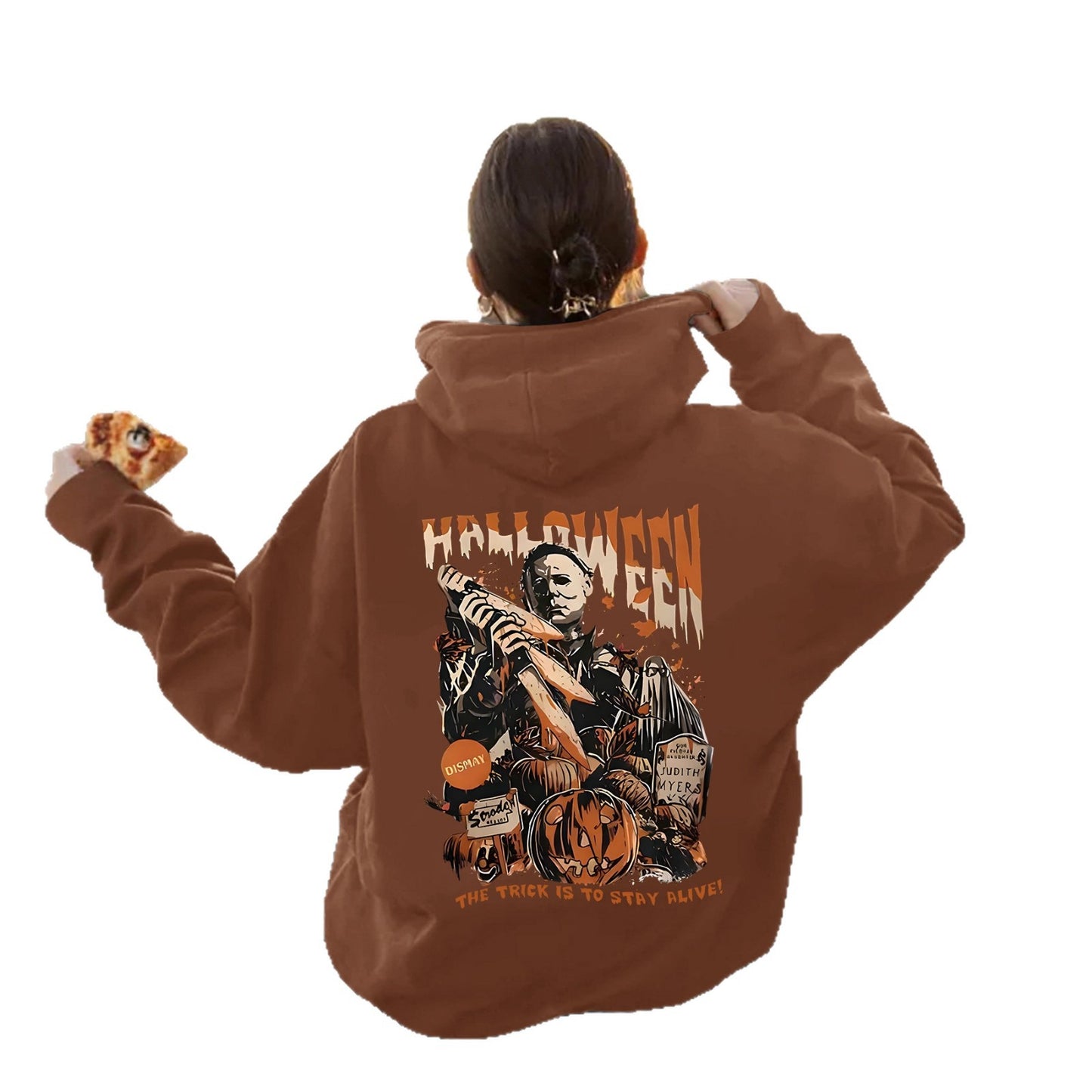 Grunge Skull Graphic Print Fleece Hoodie | Oversized Rust Brown Pullover for Streetwear