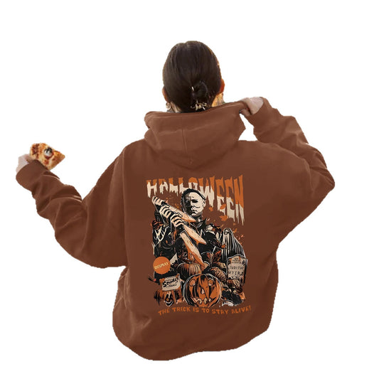 Grunge Skull Graphic Print Fleece Hoodie | Oversized Rust Brown Pullover for Streetwear