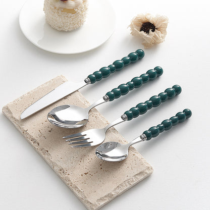 4-Piece Designer Pearl Handle Cutlery Set - Elegant Emerald Green & Stainless Steel Flatware