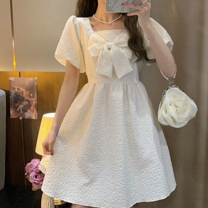 Elegant Square Neck White Bow Mini Dress - Sweet Fairy Style Puff Sleeve Cake Skirt for Women