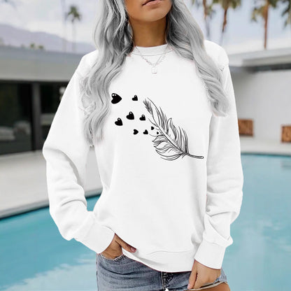 Feather & Heart Print Grey Sweatshirt | Cozy Long Sleeve Pullover for Women