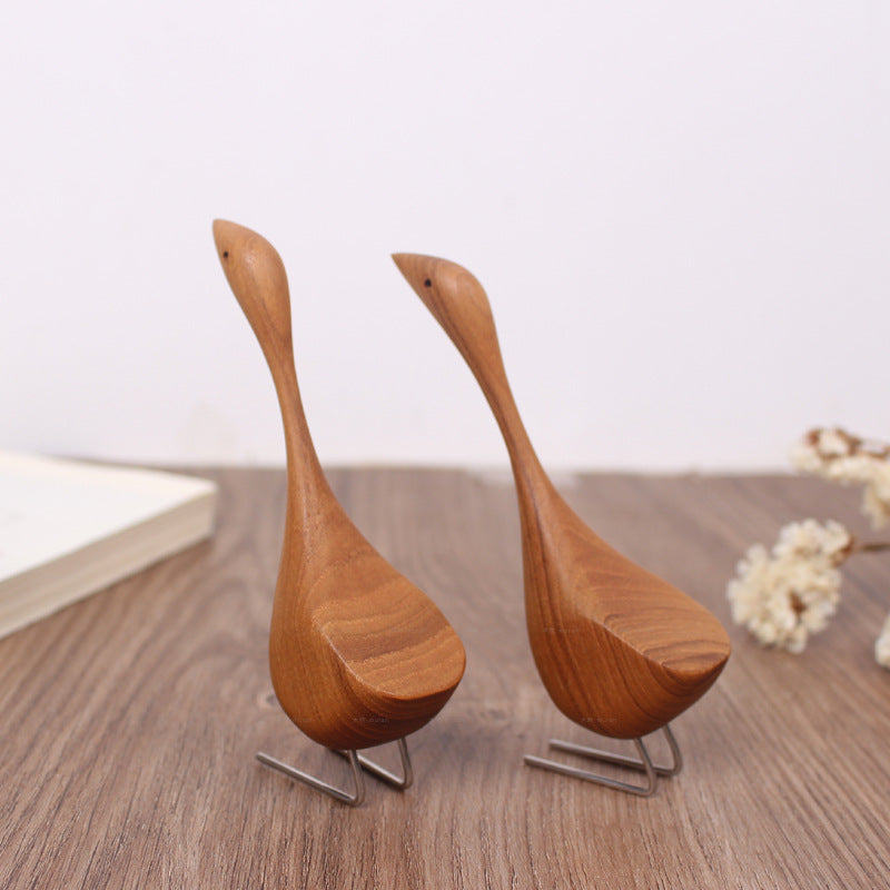 Nordic Hand-Carved Wooden Swan Figurine – Minimalist Teak Wood Bird Sculpture for Home Decor