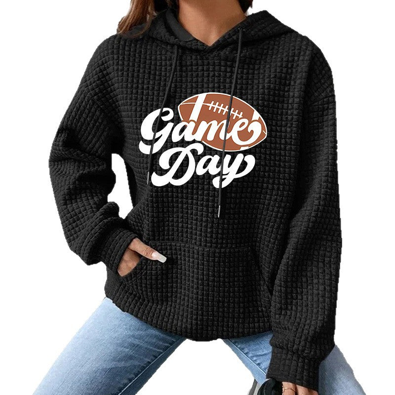 Waffle Knit "Game Day" Football Printed Hoodie | Black Hooded Sweatshirt for Women