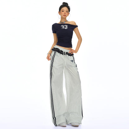 Women's Retro Striped Wide-Leg Track Pants - Loose Sporty Chic