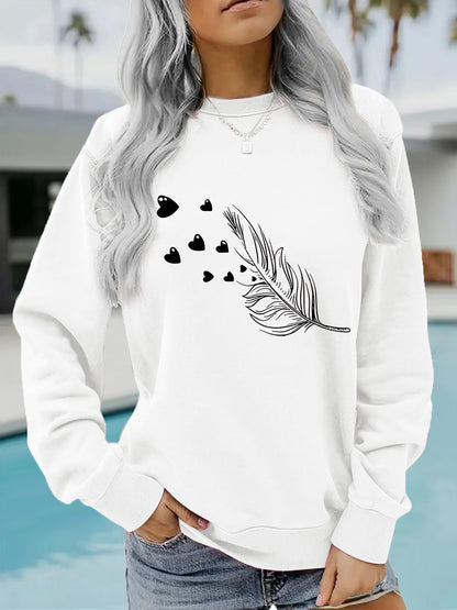 Feather & Heart Print Grey Sweatshirt | Cozy Long Sleeve Pullover for Women