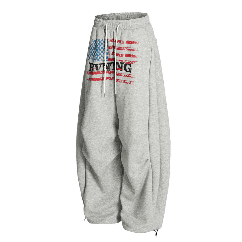 Unisex Retro Letter Print Wide Leg Loose Fit Casual Sweatpants