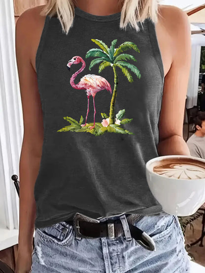 Flamingo Palm Tree Pattern Loose Women's Tank Top | Tropical Graphic Sleeveless Shirt
