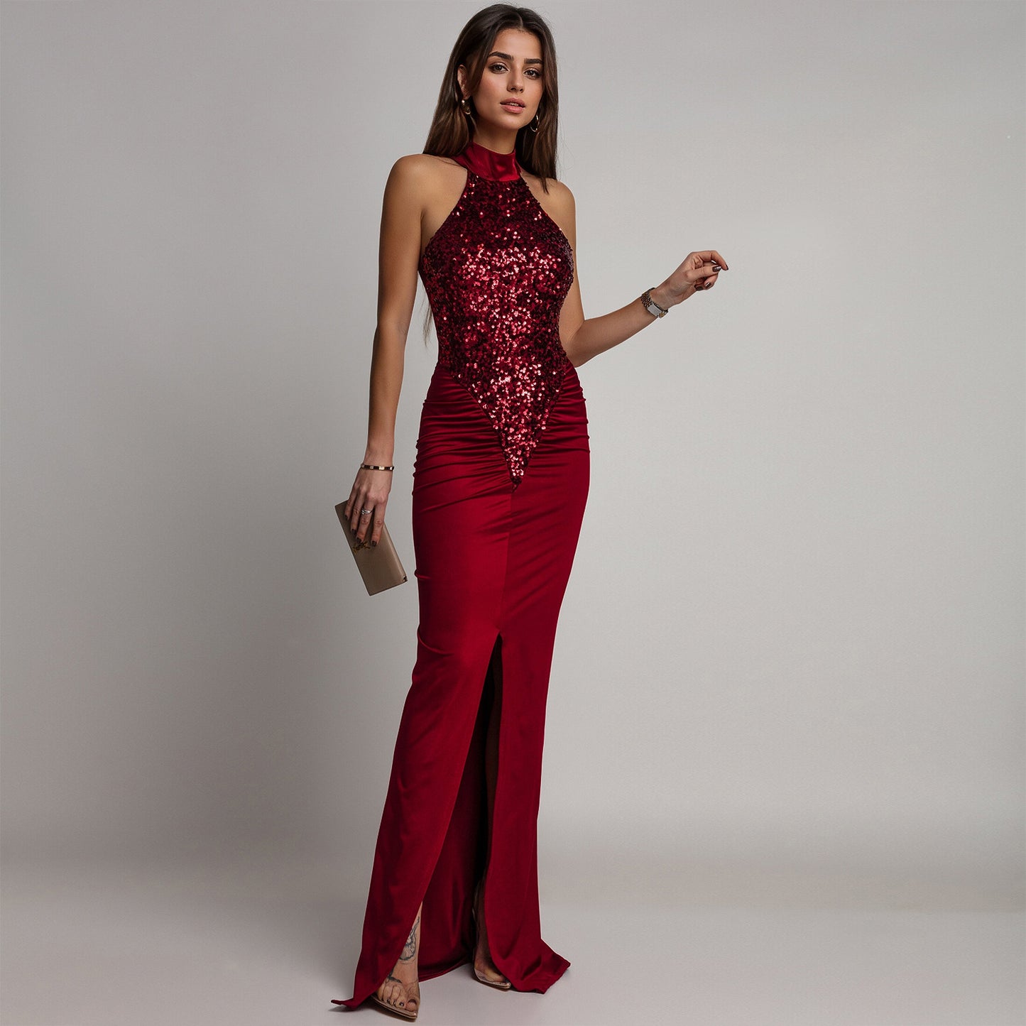 Sparkling Sequin Velvet Halter Neck Maxi Dress - Elegant High Slit Party Gown for Women