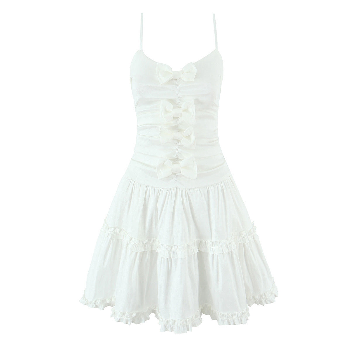 Chic White Bow Layered Mini Dress - Sexy Ruched Silhouette Strapless Summer Skirt for Women