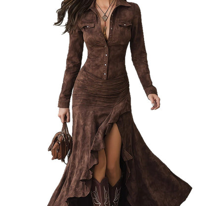 Women's Elegant Stand Collar Long Sleeve Dress - Slim Fit Slit Maxi Dress