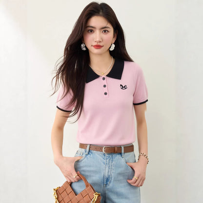 Women's Polo Neck Pink Knitted T-Shirt - Slim Fit Straight Shoulder Top