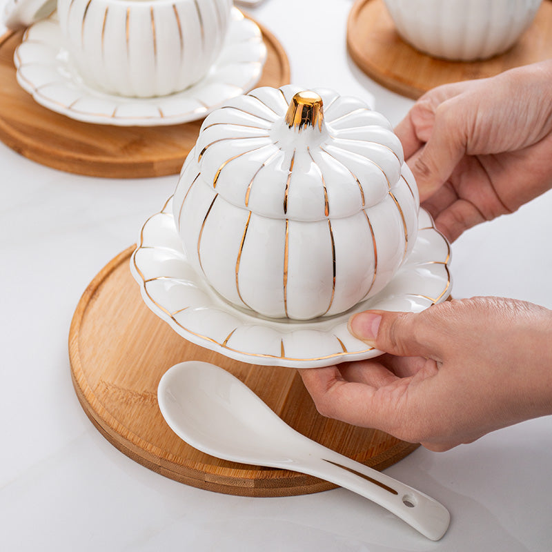 Creative Ceramic Pumpkin Soup Bowl with Lid and Saucer Set