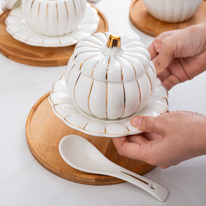 Creative Ceramic Pumpkin Soup Bowl with Lid and Saucer Set