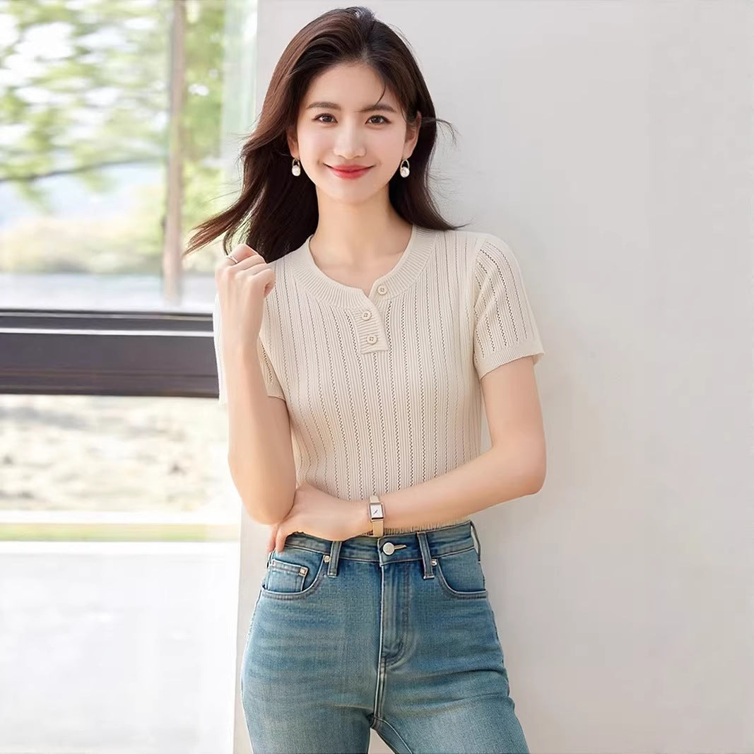 Women's Ice Silk Knit T-Shirt - Regular Shoulder Elegant Summer Top