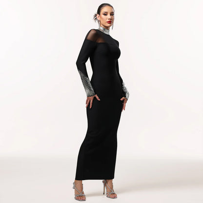 Elegant High-Neck Long Sleeve Maxi Dress – Glamorous Sheer Mesh Detail Sequined Party Gown for Women