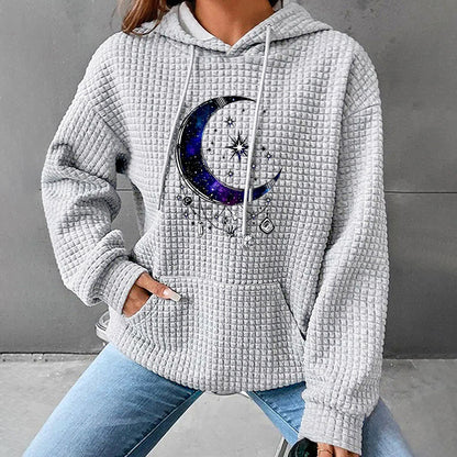 Celestial Sun Moon Star Printed Waffle Knit Hoodie | Grey Pullover Hooded Sweatshirt