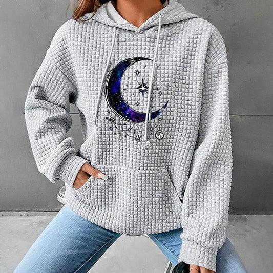 Celestial Sun Moon Star Printed Waffle Knit Hoodie | Grey Pullover Hooded Sweatshirt