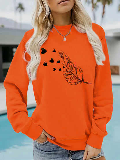 Feather & Heart Print Grey Sweatshirt | Cozy Long Sleeve Pullover for Women