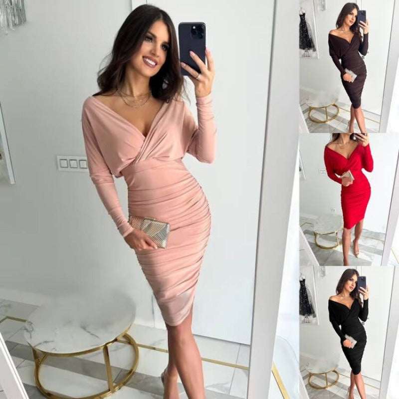 Glamorous V-Neck Ruched Bodycon Midi Dress with Long Sleeves