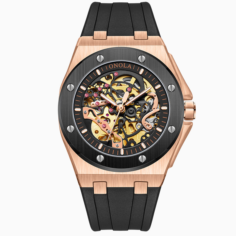 Fashionable Rose Gold Men's Watch - Premium Mechanical Timepiece with Silicone Strap