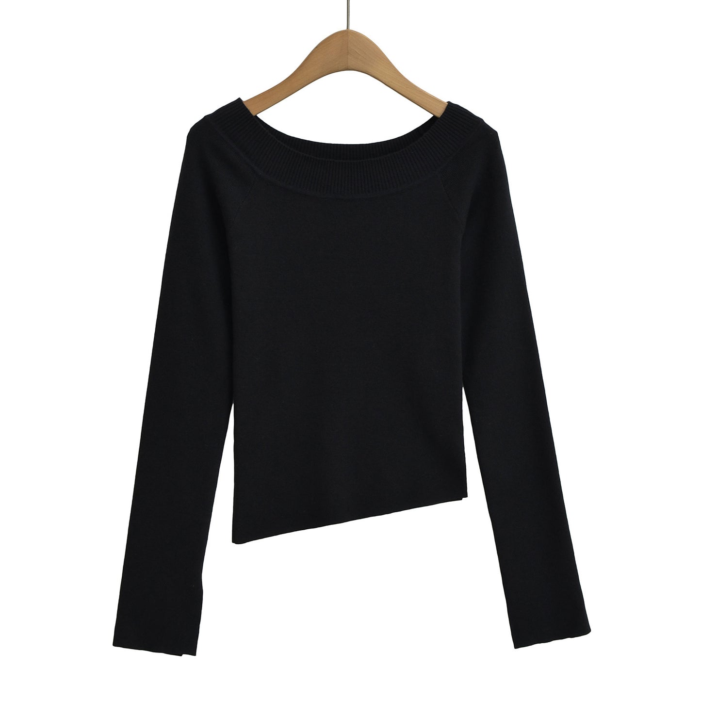 Chic Off-Shoulder Asymmetrical Knit Top – Slim Fit Elastic Long Sleeve Shirt for Women