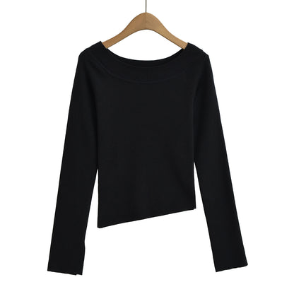 Chic Off-Shoulder Asymmetrical Knit Top – Slim Fit Elastic Long Sleeve Shirt for Women