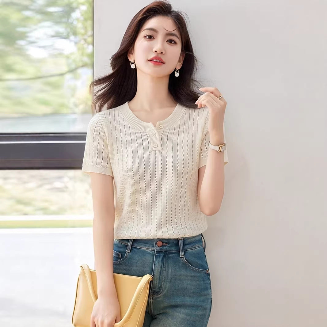 Women's Ice Silk Knit T-Shirt - Regular Shoulder Elegant Summer Top